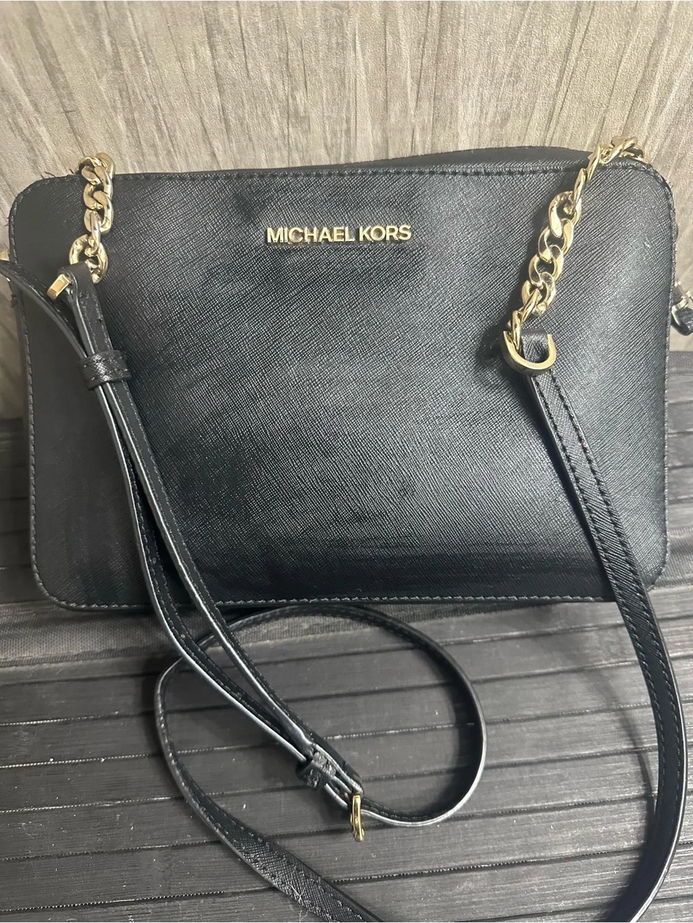 Michael Kors Black Leather Crossbody with Gold Chain Accents